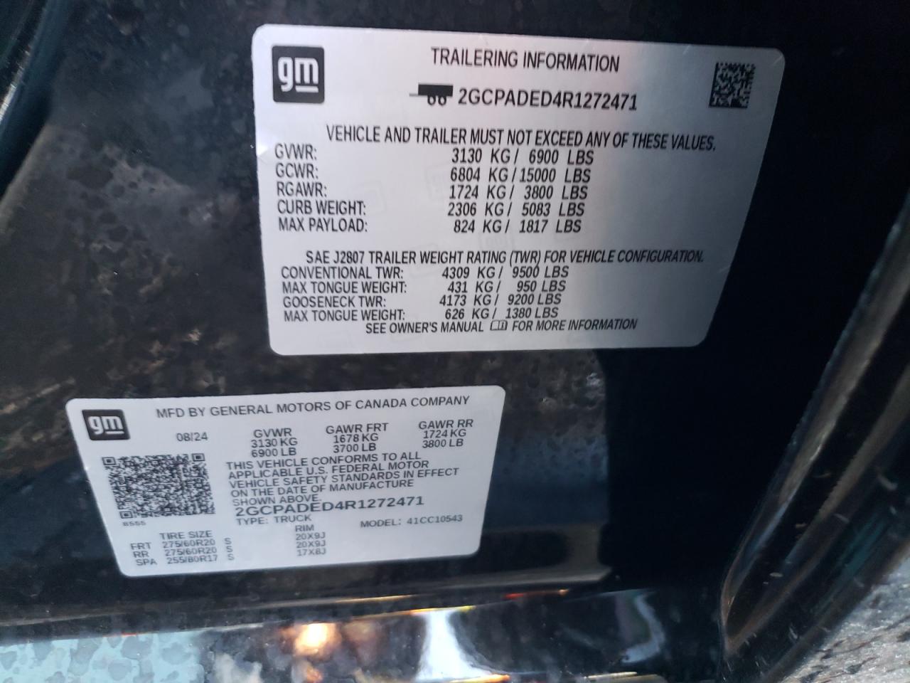 2024 CHEVROLET SILVERADO C1500 RST VIN:2GCPADED4R1272471