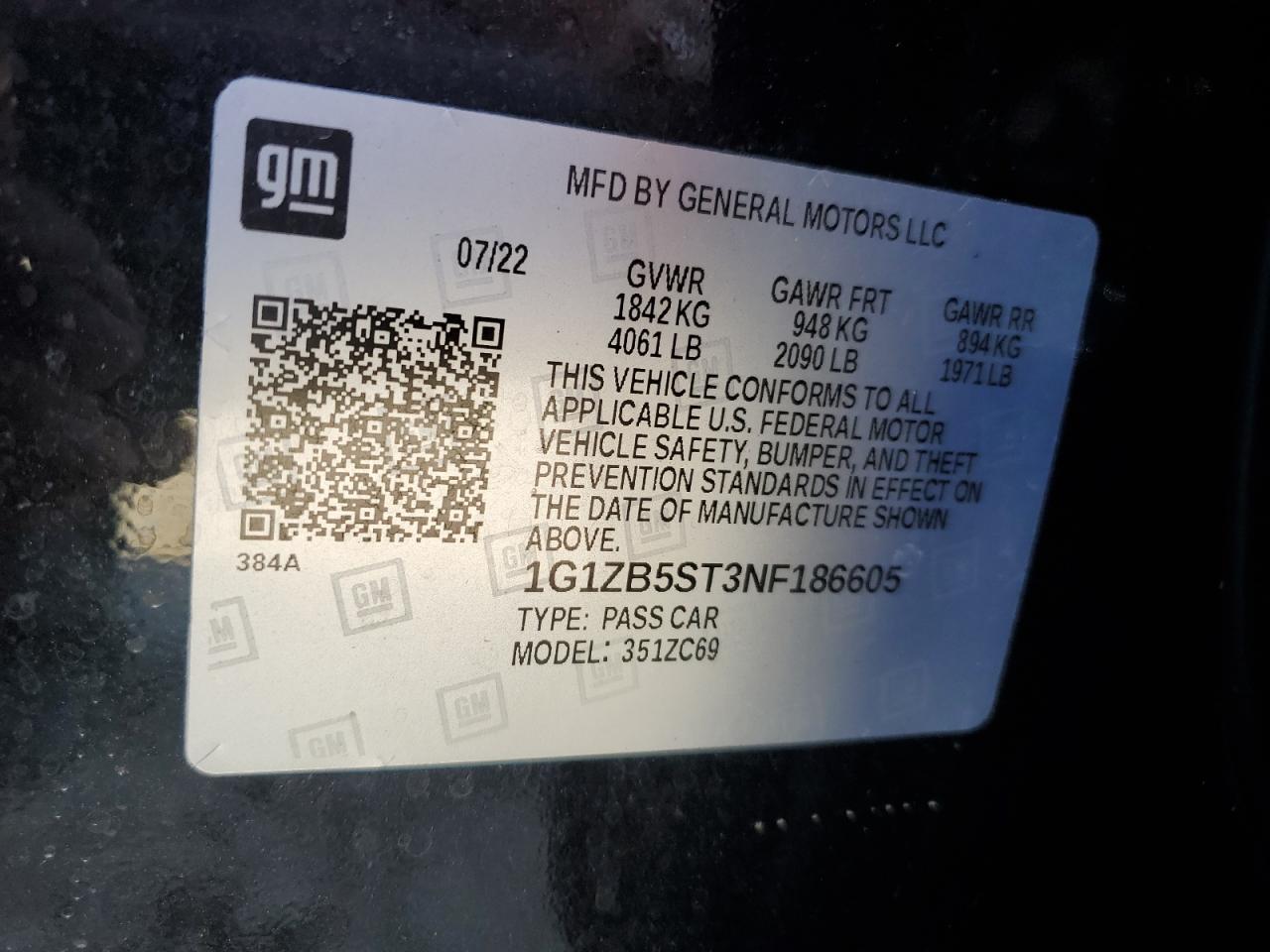 2022 CHEVROLET MALIBU LS VIN:1G1ZB5ST3NF186605