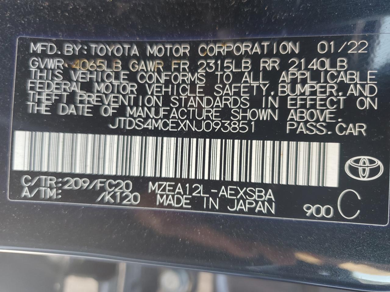 2022 TOYOTA COROLLA SE VIN:JTDS4MCEXNJ093851