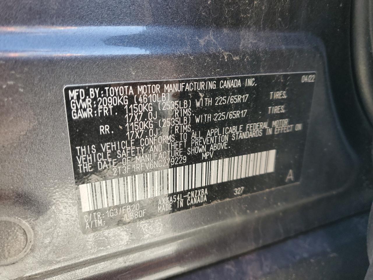 2022 TOYOTA RAV4 LE VIN:2T3F1RFV6NC279229