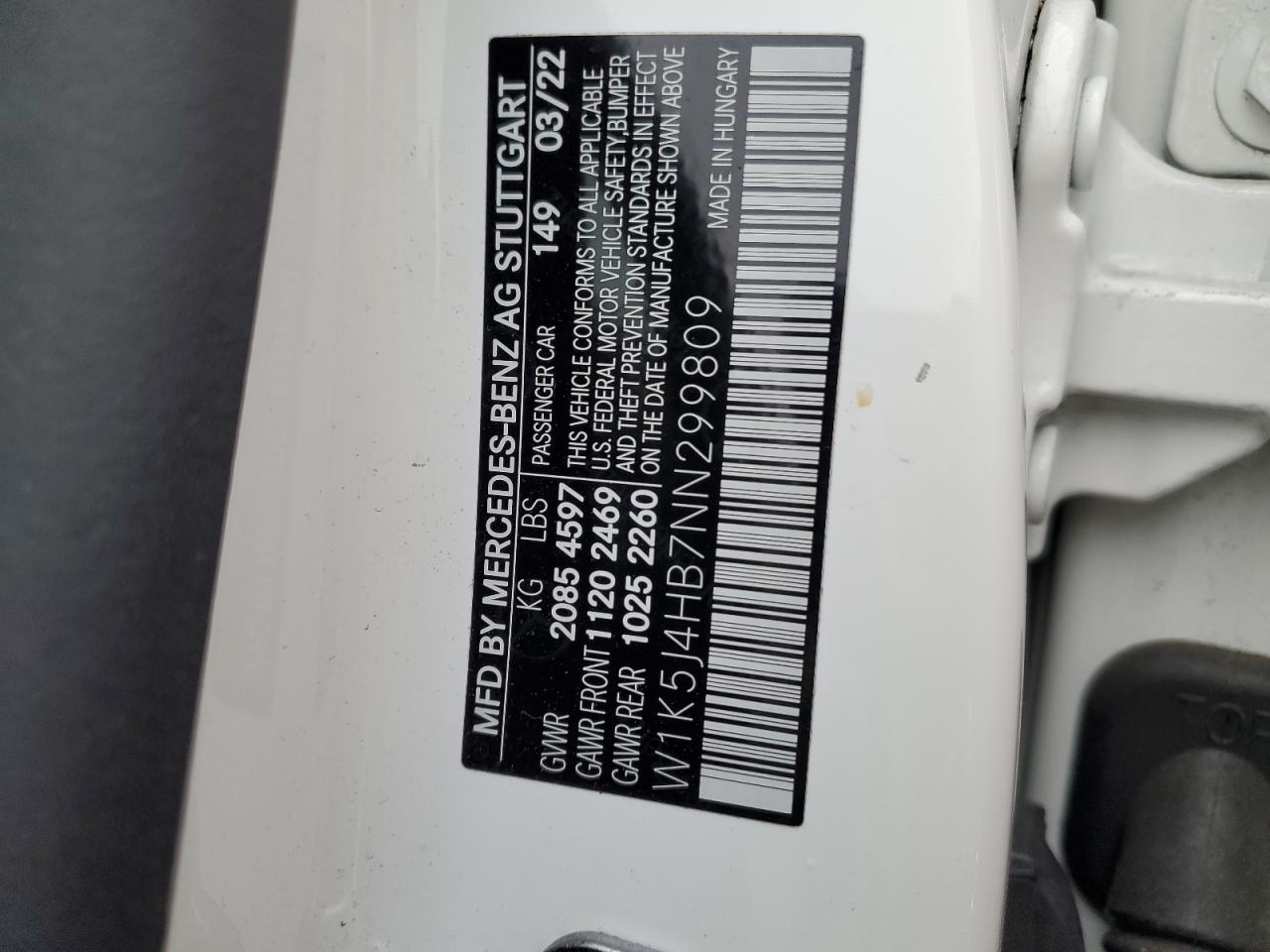 2022 MERCEDES-BENZ CLA 250 4MATIC VIN:W1K5J4HB7NN299809