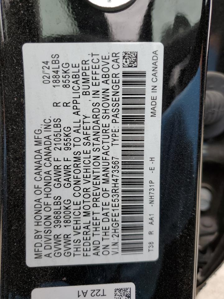 2024 HONDA CIVIC SI VIN:2HGFE1E53RH473567