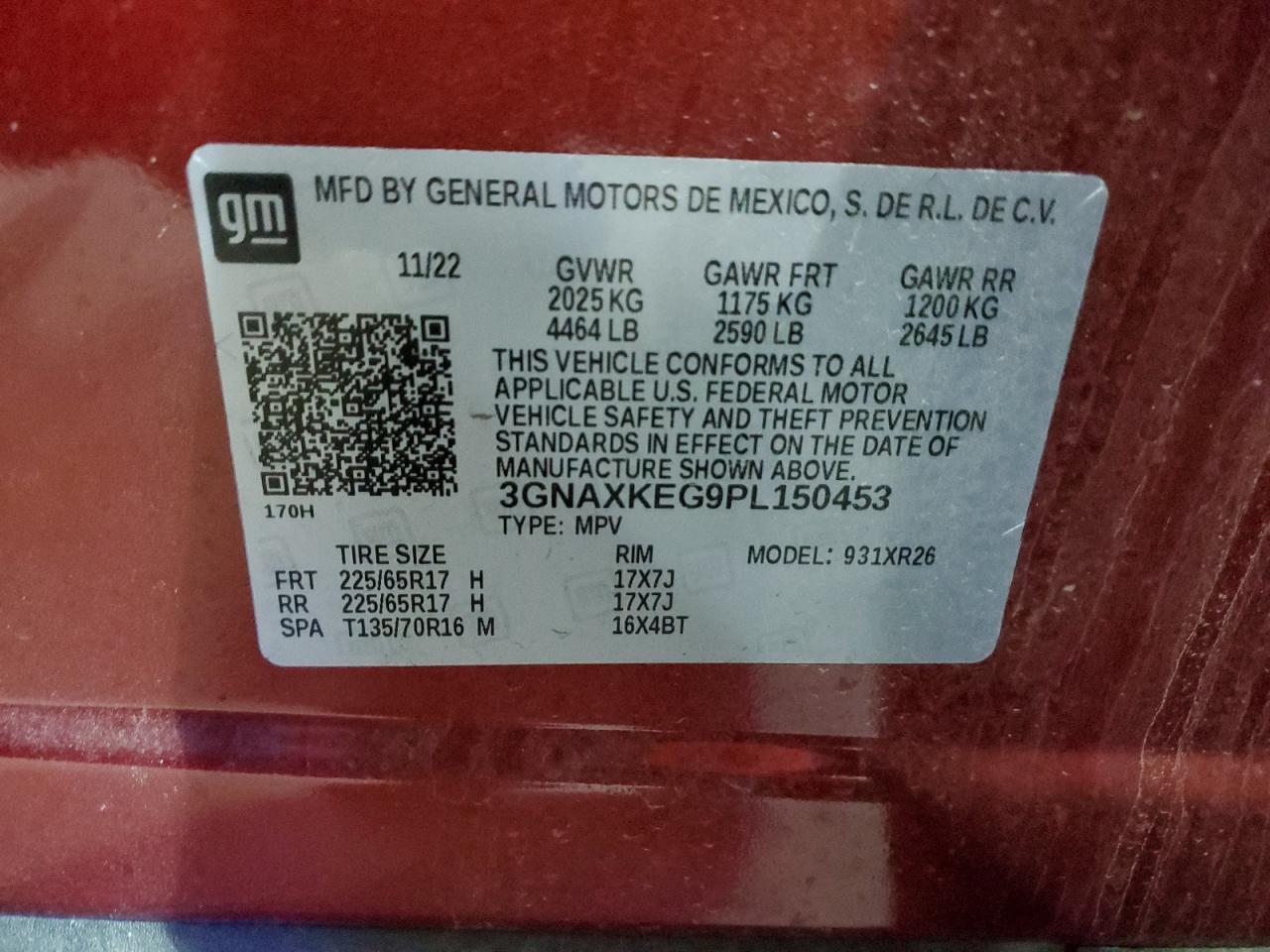 2023 CHEVROLET EQUINOX LT VIN:3GNAXKEG9PL150453