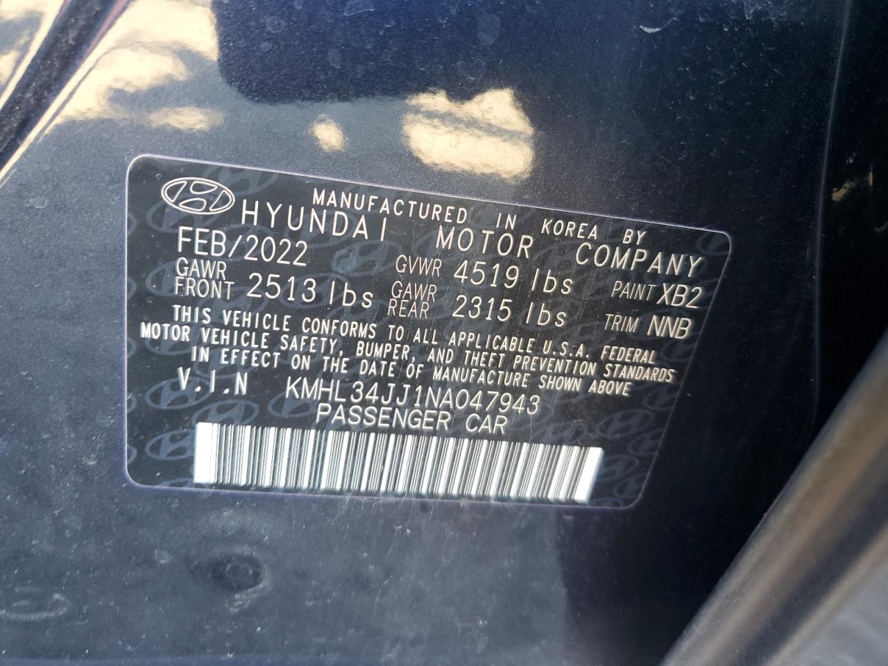 2022 HYUNDAI SONATA HYBRID VIN:KMHL34JJ1NA047943
