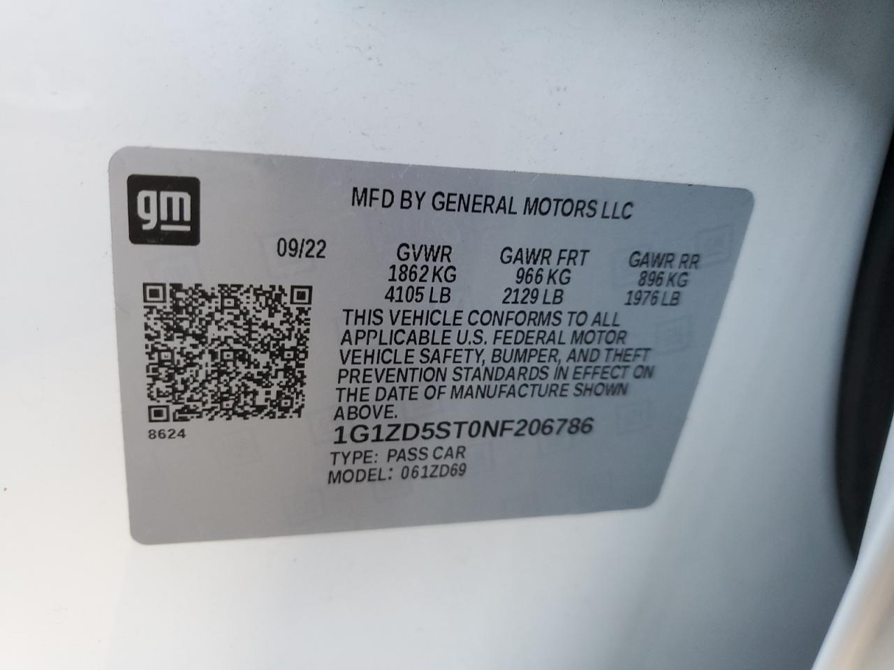 2022 CHEVROLET MALIBU LT VIN:1G1ZD5ST0NF206786