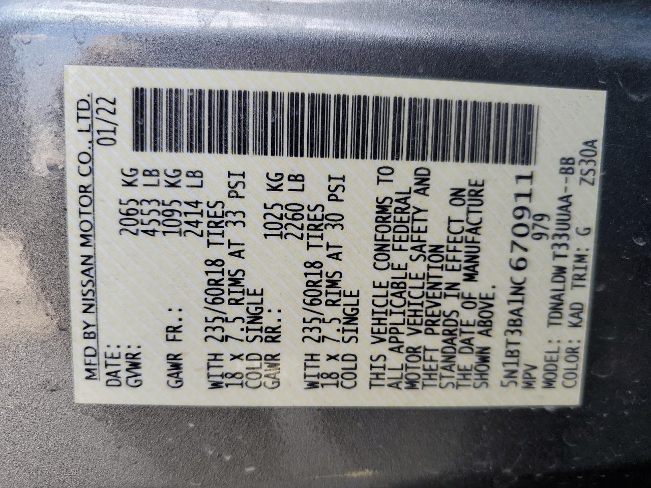 2022 NISSAN ROGUE SV VIN:5N1BT3BA1NC670911