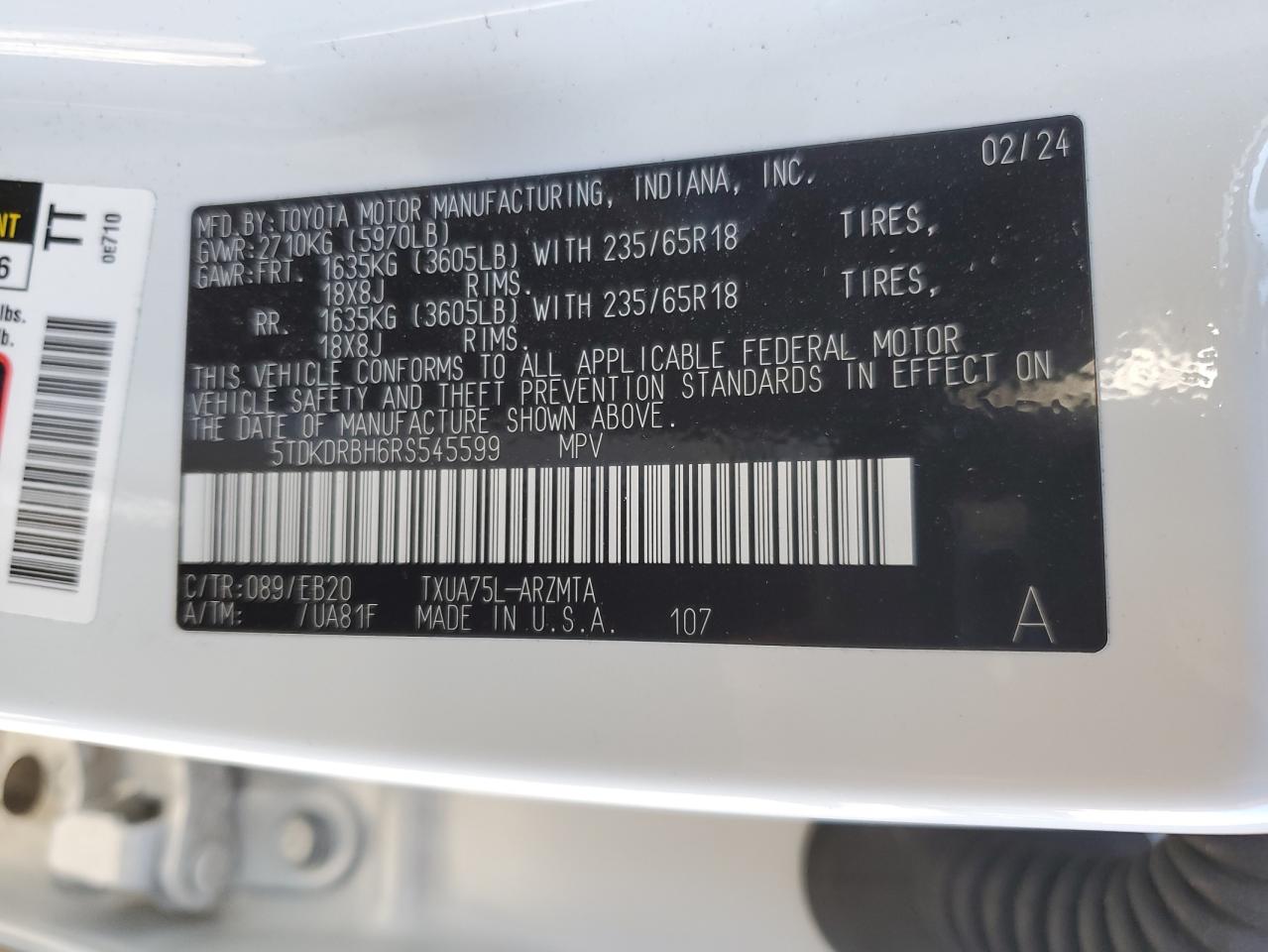 2024 TOYOTA HIGHLANDER LE VIN:5TDKDRBH6RS545599