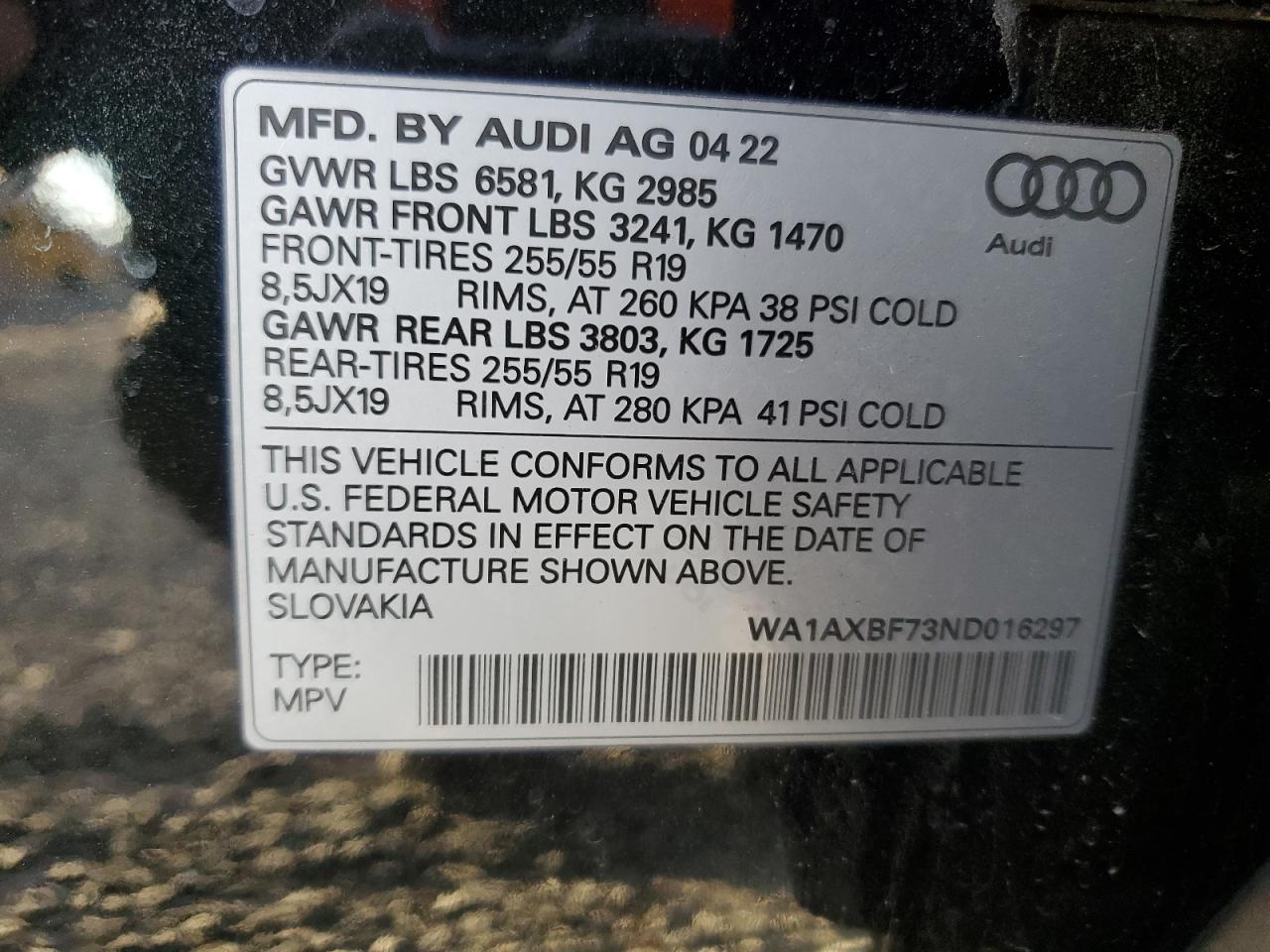 2022 AUDI Q7 PREMIUM VIN:WA1AXBF73ND016297