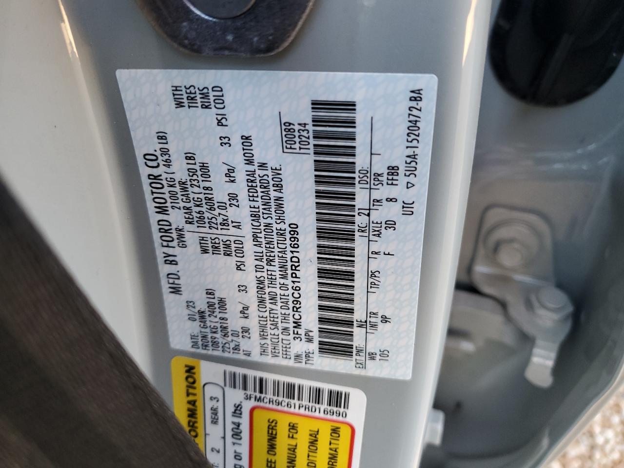 2023 FORD BRONCO SPORT OUTER BANKS VIN:3FMCR9C61PRD16990