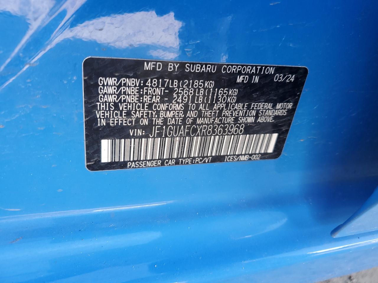 2024 SUBARU IMPREZA SPORT VIN:JF1GUAFCXR8363968