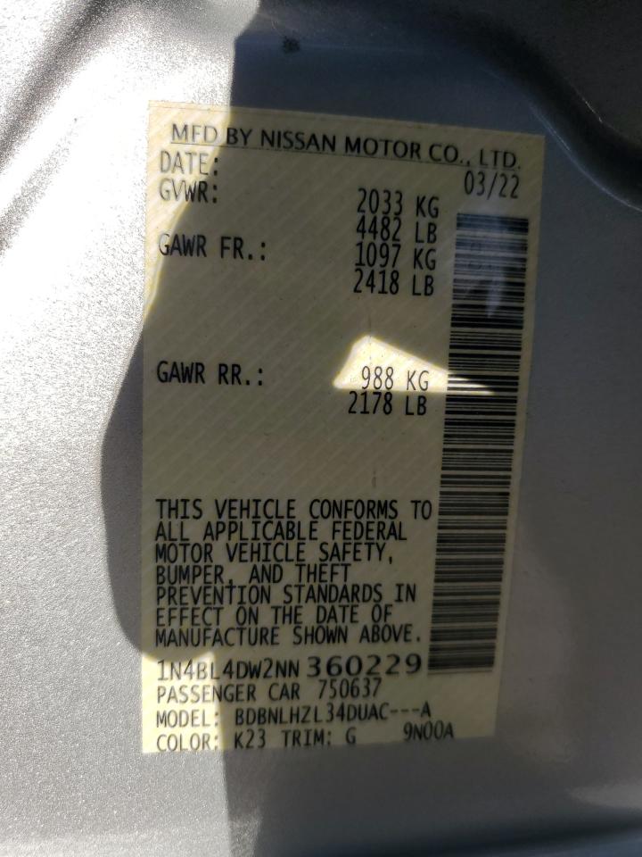 2022 NISSAN ALTIMA SV VIN:1N4BL4DW2NN360229