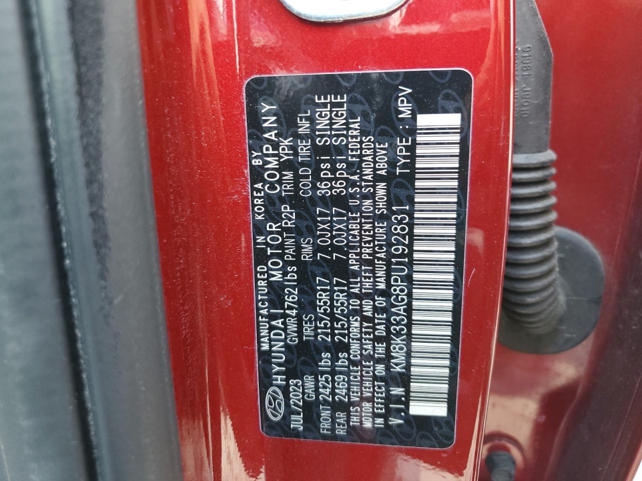 2023 HYUNDAI KONA SEL VIN:KM8K33AG8PU192831