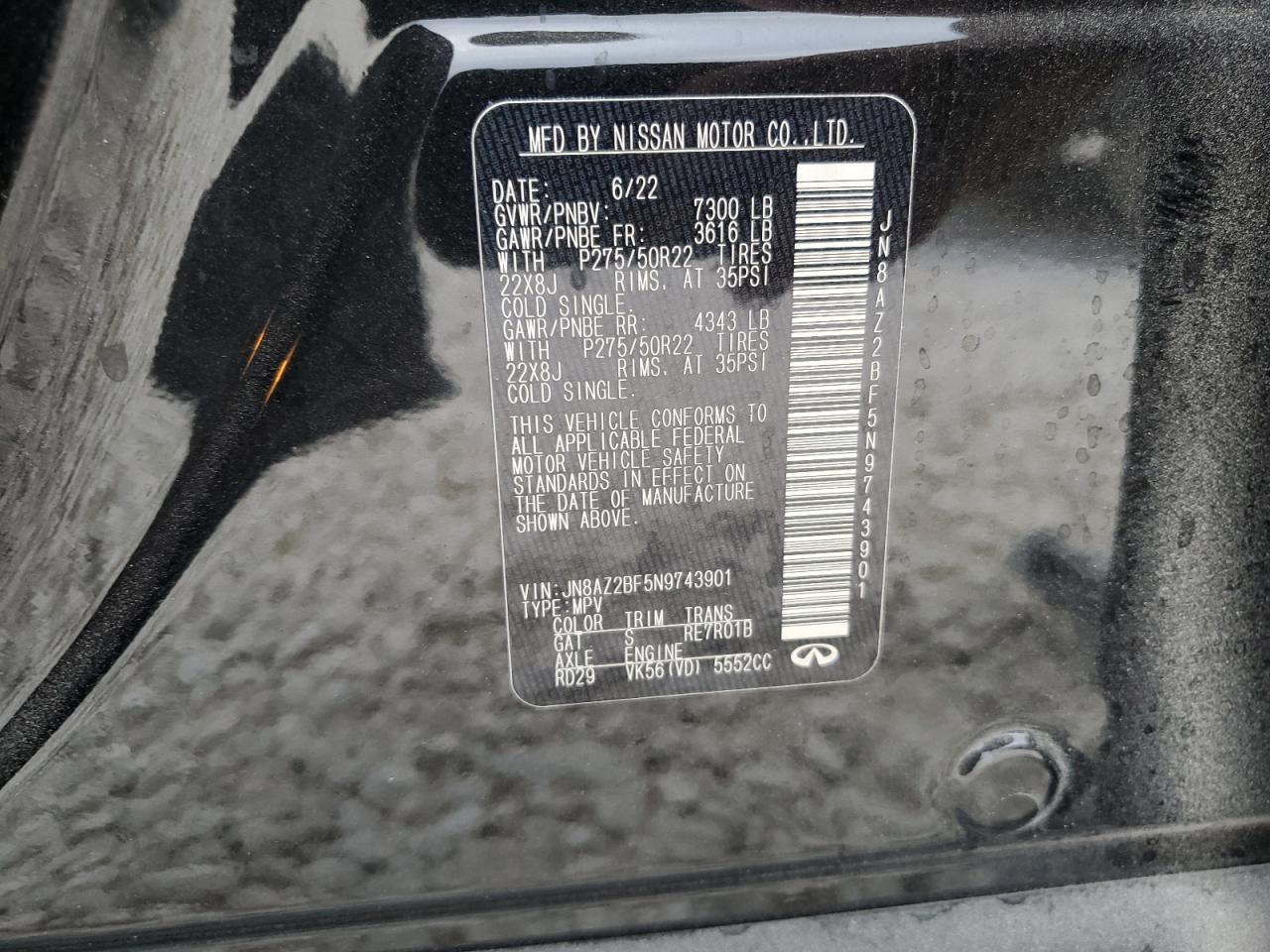 2022 INFINITI QX80 SENSORY VIN:JN8AZ2BF5N9743901