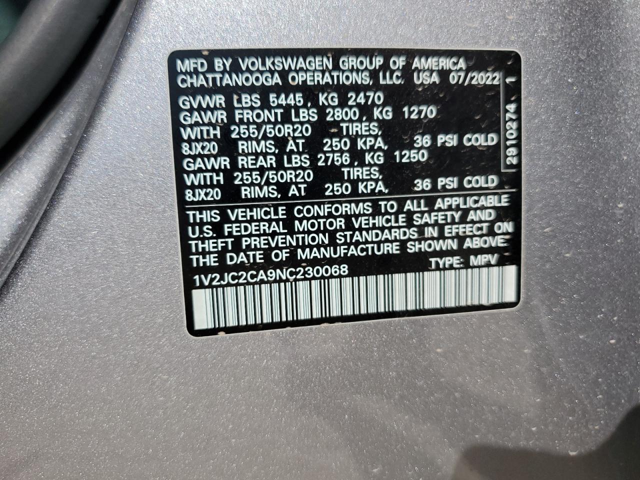 2022 VOLKSWAGEN ATLAS CROSS SPORT SE VIN:1V2JC2CA9NC230068