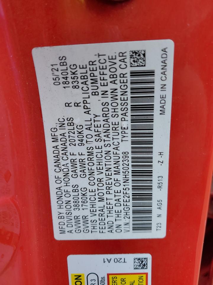 2022 HONDA CIVIC SPORT VIN:2HGFE2F51NH502398