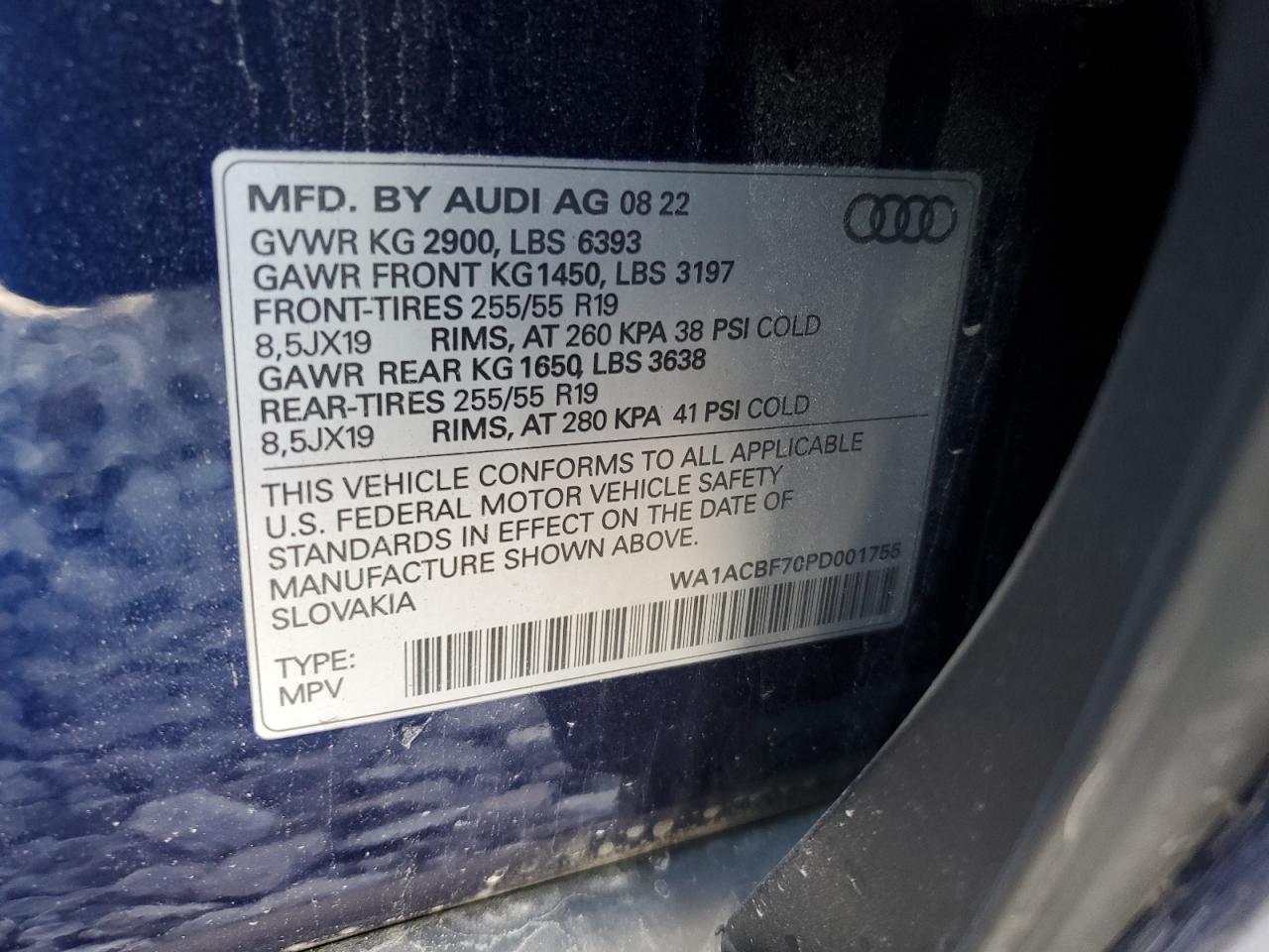 2023 AUDI Q7 PREMIUM VIN:WA1ACBF70PD001755