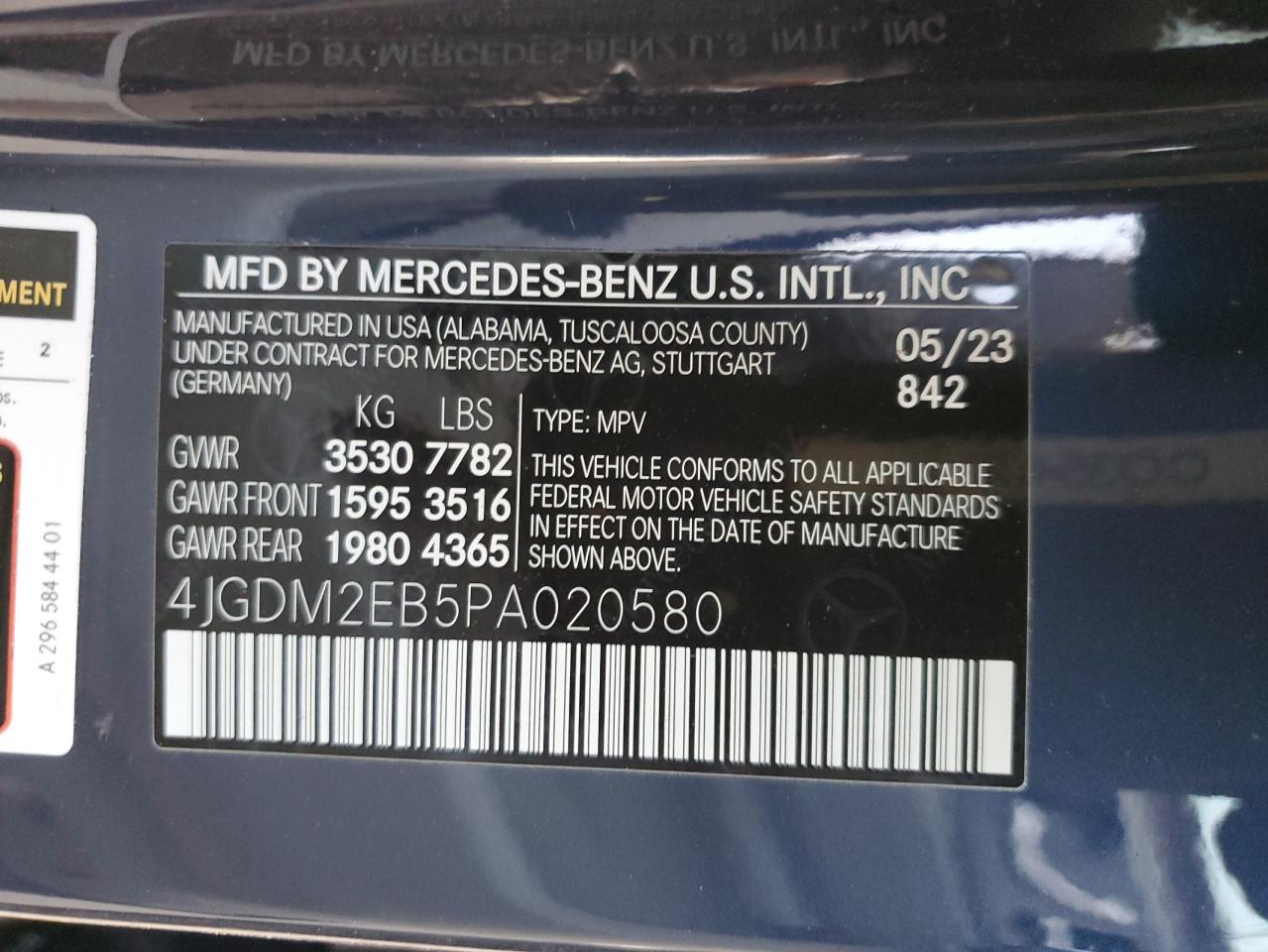 2023 MERCEDES-BENZ EQS SUV 450 4MATIC VIN:4JGDM2EB5PA020580