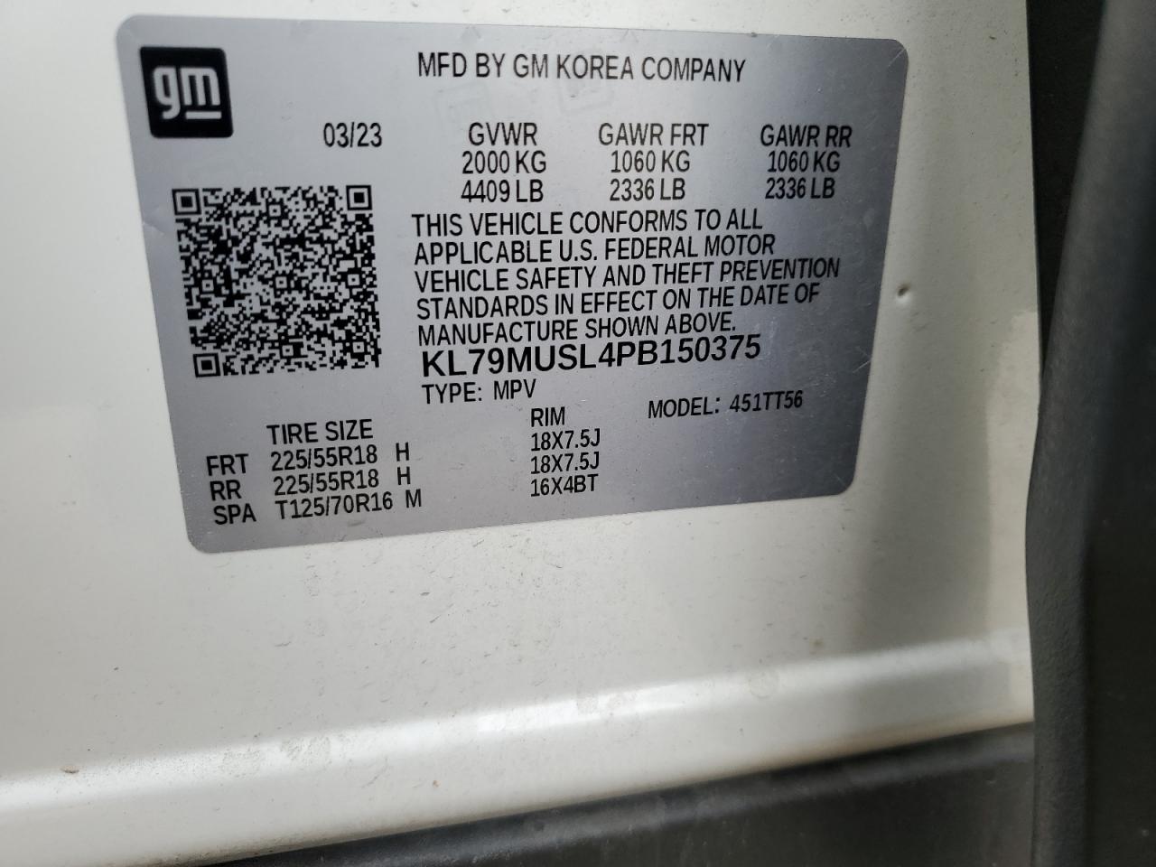 2023 CHEVROLET TRAILBLAZER RS VIN:KL79MUSL4PB150375