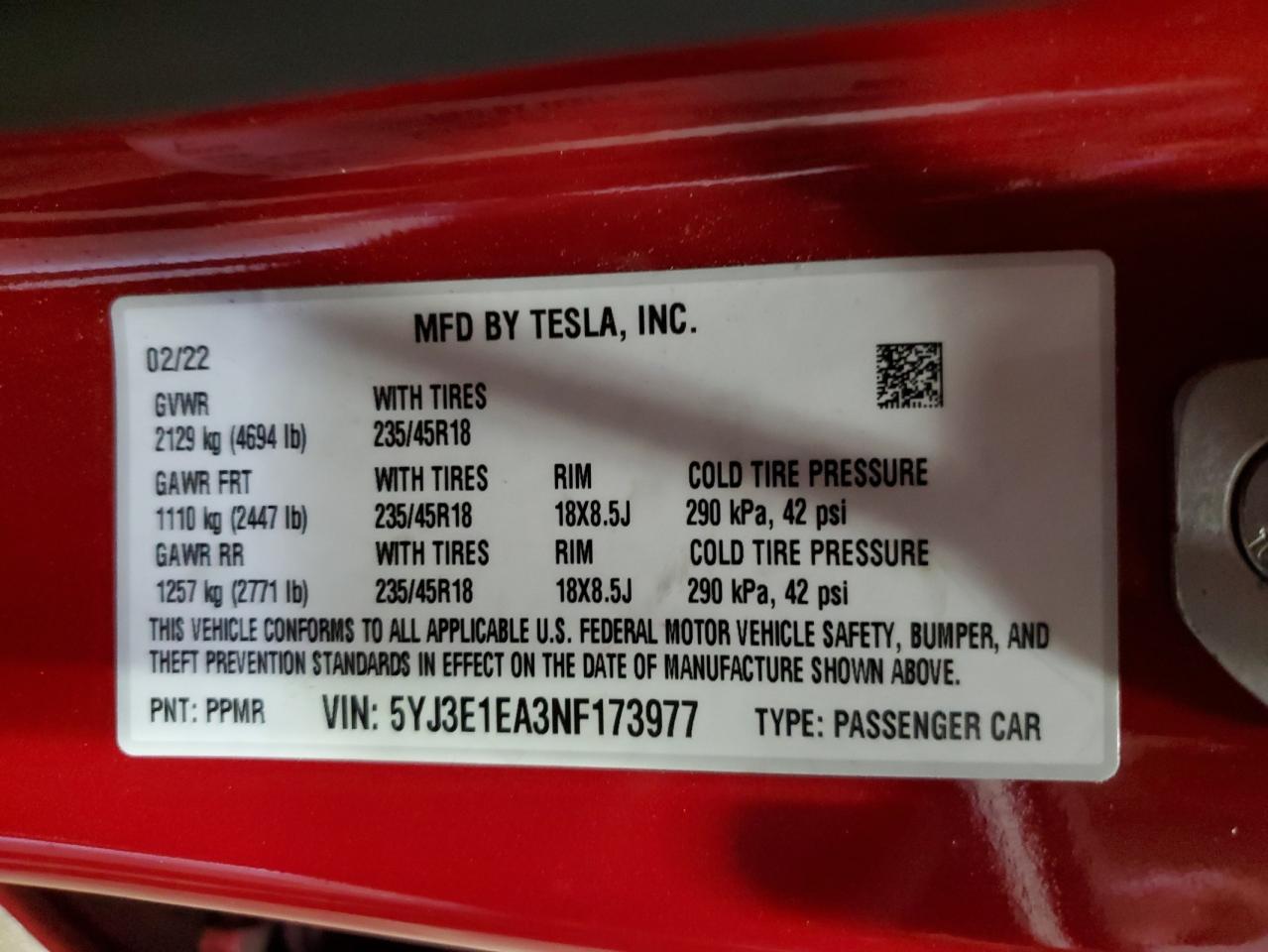 2022 TESLA MODEL 3  VIN:5YJ3E1EA3NF173977