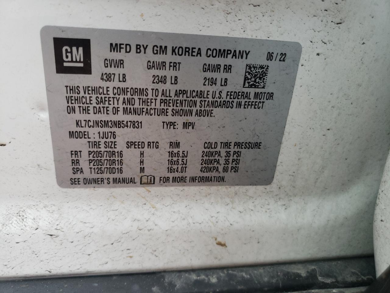 2022 CHEVROLET TRAX LS VIN:KL7CJNSM3NB547831