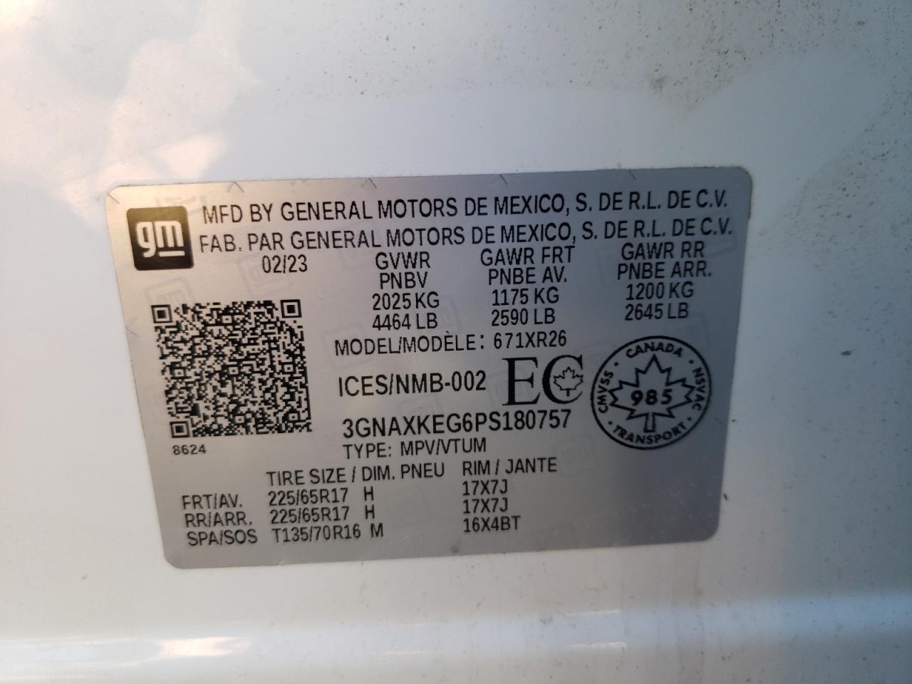 2023 CHEVROLET EQUINOX LT VIN:3GNAXKEG6PS180757