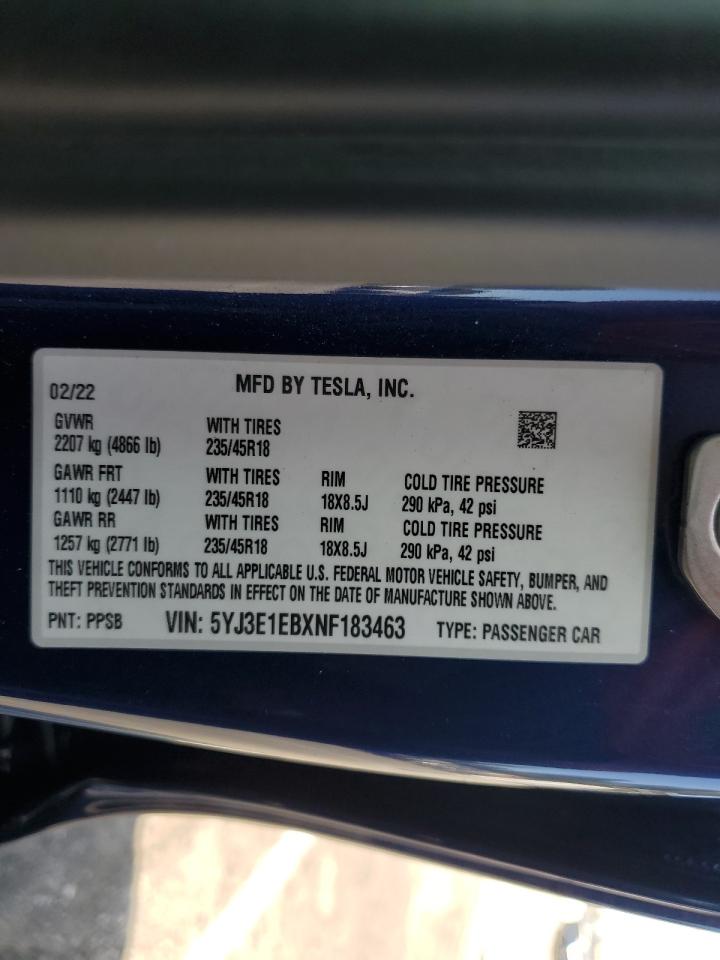 2022 TESLA MODEL 3  VIN:5YJ3E1EBXNF183463