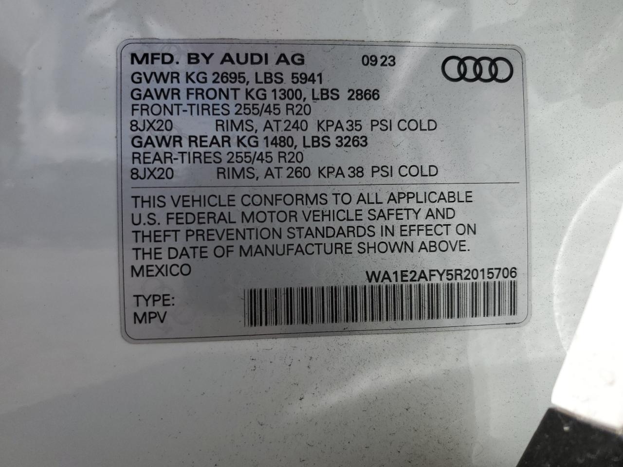 2024 AUDI Q5 E PREMIUM PLUS 55 VIN:WP0AA2A8XNS255297