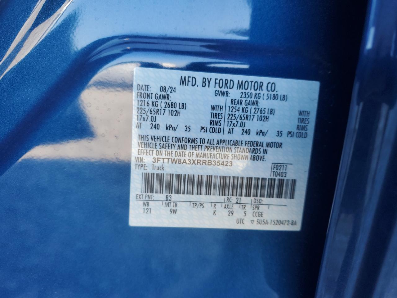 2024 FORD MAVERICK XL VIN:3FTTW8A3XRRB35423
