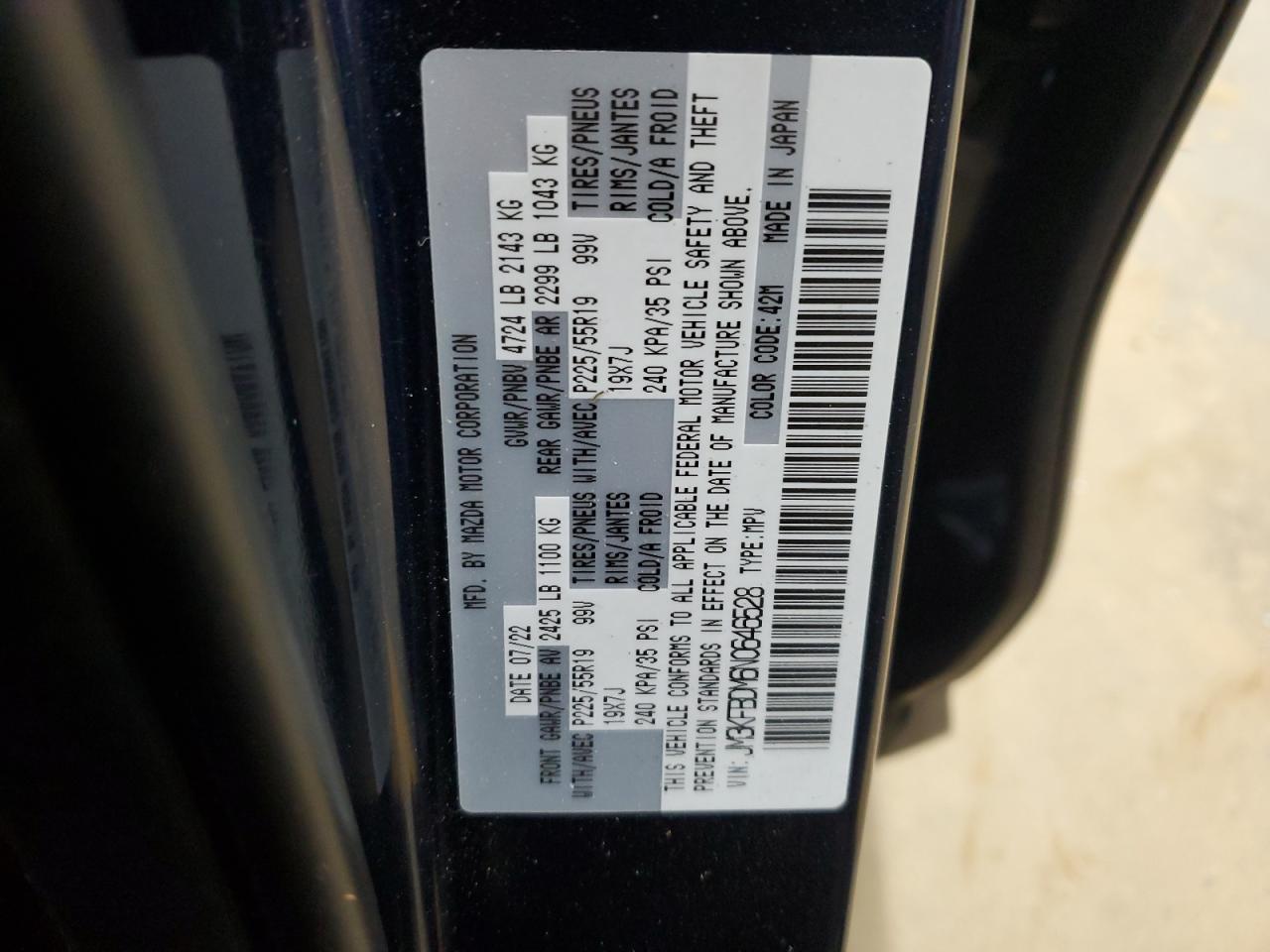 2022 MAZDA CX-5 PREMIUM VIN:JM3KFBDM6N0646528
