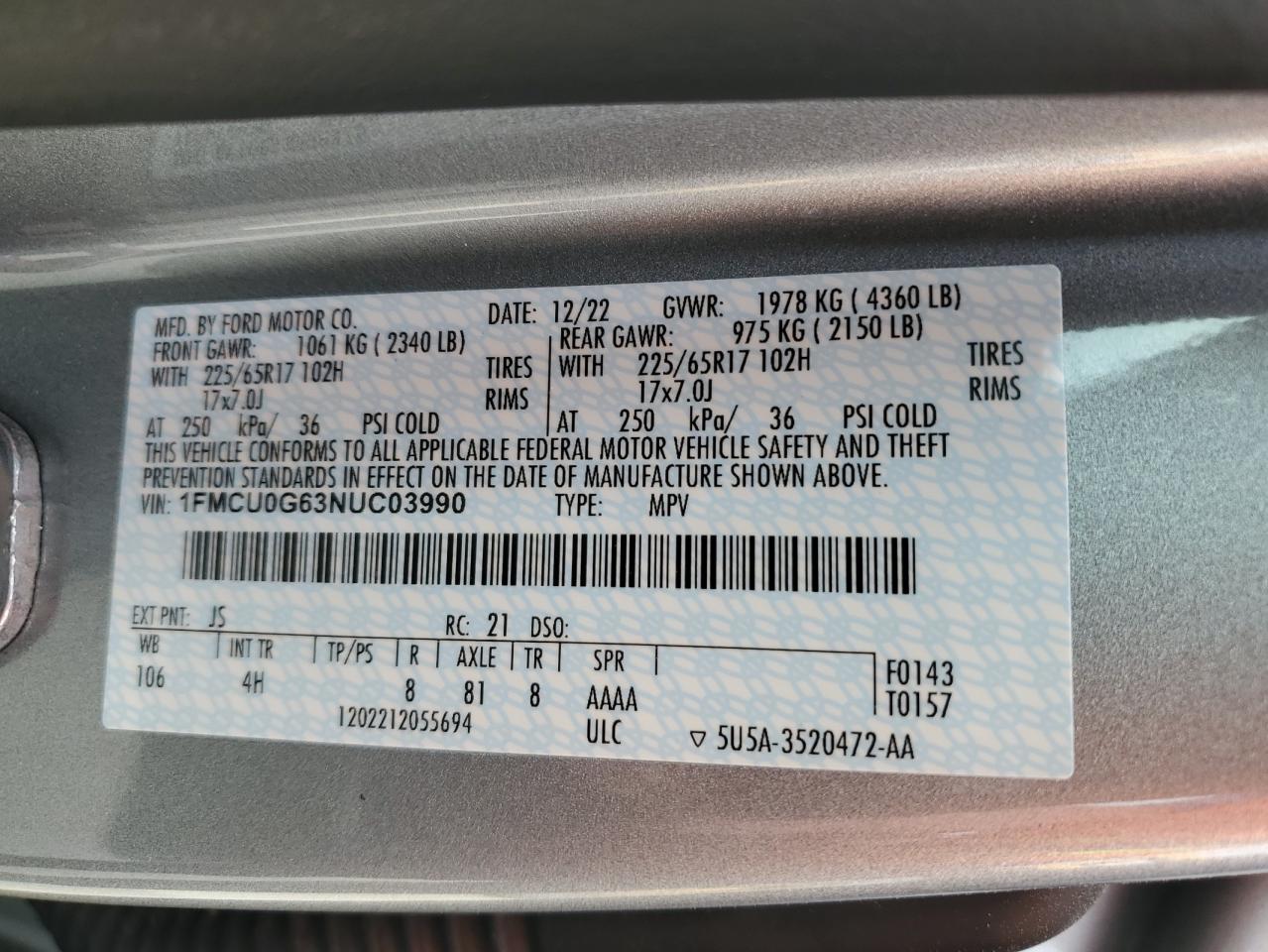 2022 FORD ESCAPE SE VIN:1FMCU0G63NUC03990