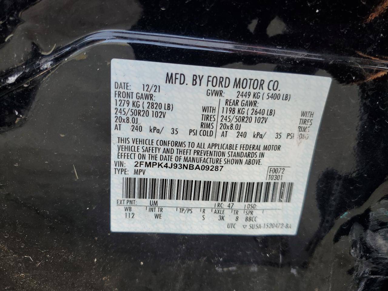 2022 FORD EDGE SEL VIN:2FMPK4J93NBA09287