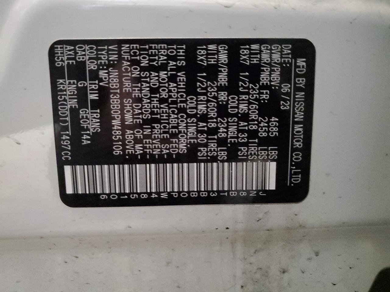 2023 NISSAN ROGUE SV VIN:JN8BT3BB0PW485106