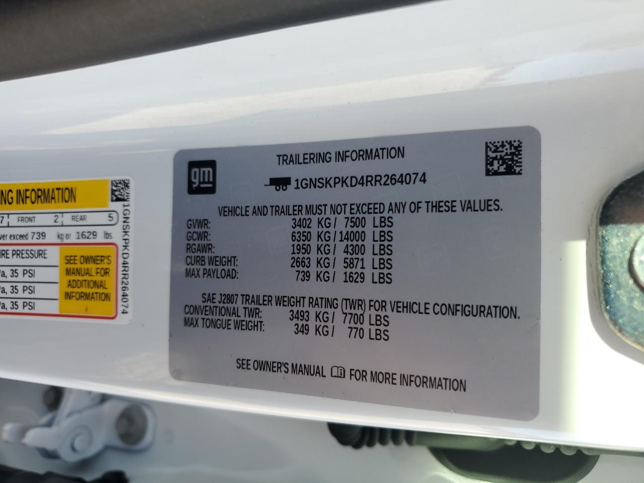 2024 CHEVROLET TAHOE K1500 Z71 VIN:1GNSKPKD4RR264074