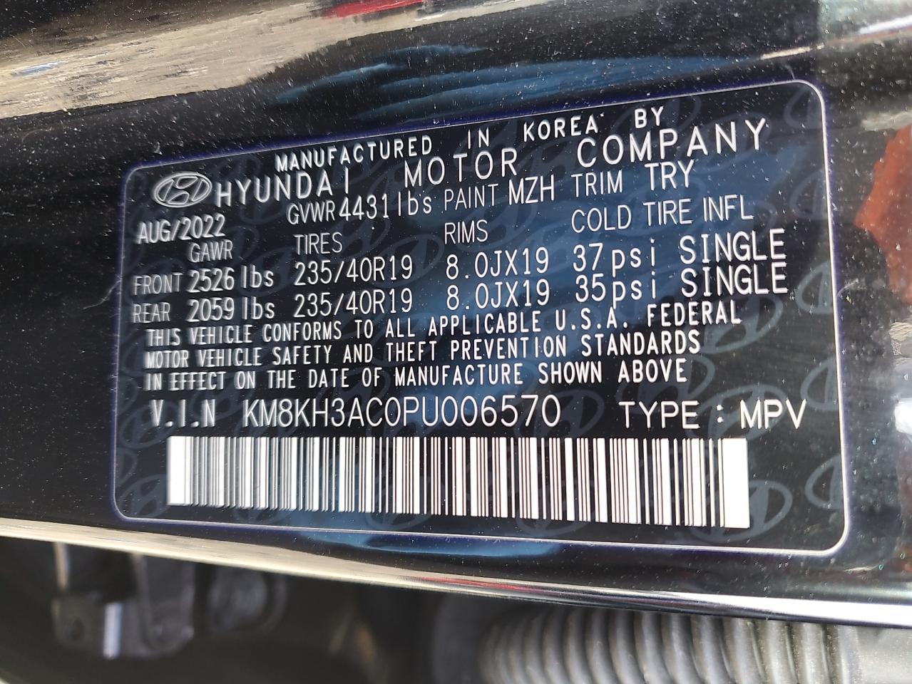 2023 HYUNDAI KONA N BASE VIN:KM8KH3AC0PU006570