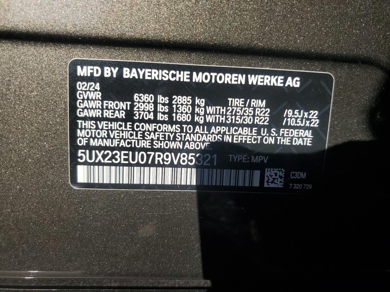 2024 BMW X5 XDRIVE40I VIN:5UX23EU07R9V85321
