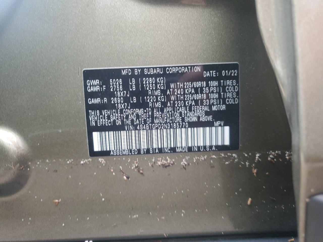 2022 SUBARU OUTBACK TOURING VIN:4S4BTGPD2N3185770