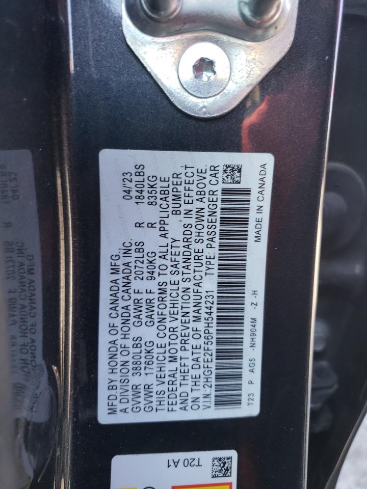 2023 HONDA CIVIC SPORT VIN:2HGFE2F56PH544231
