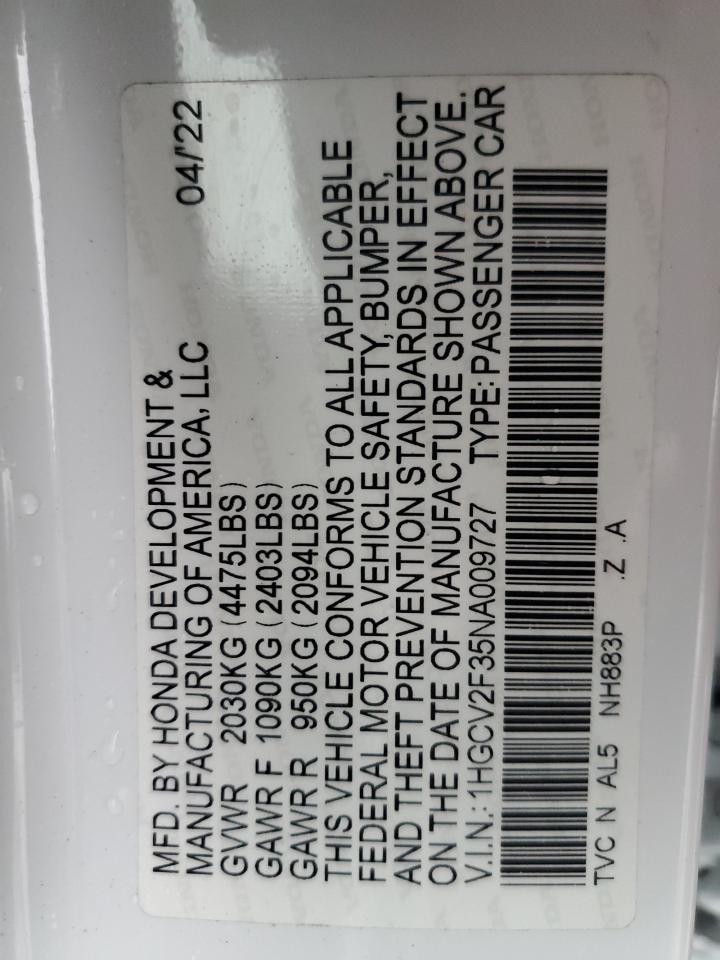 2022 HONDA ACCORD SPORT VIN:1HGCV2F35NA009727
