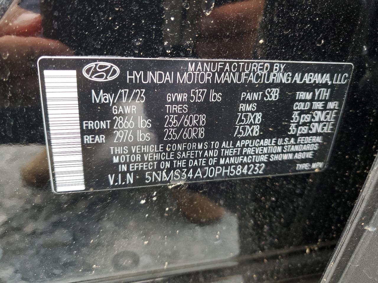 2023 HYUNDAI SANTA FE SEL PREMIUM VIN:5NMS34AJ0PH584232