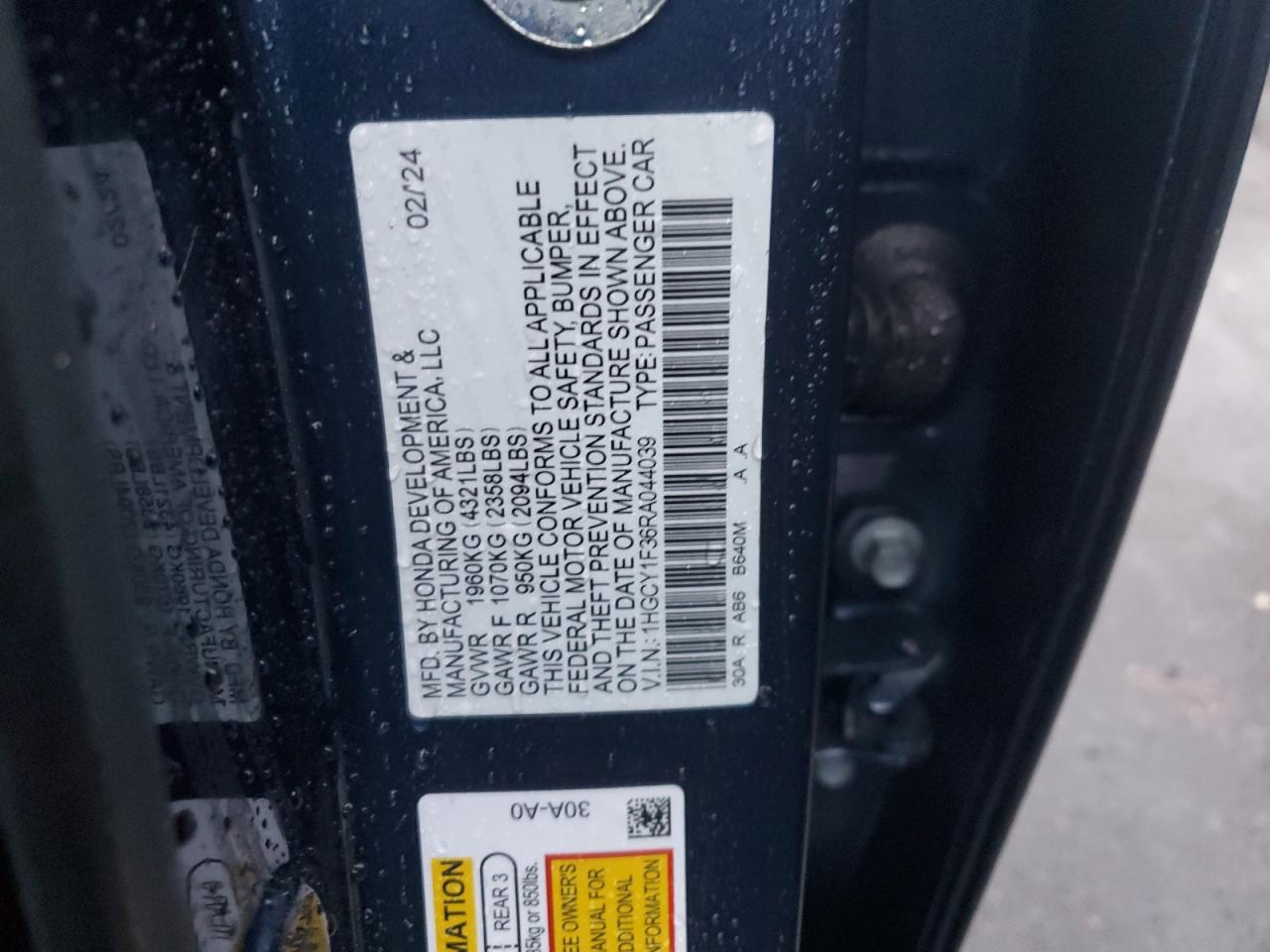2024 HONDA ACCORD EX VIN:1HGCY1F36RA044039