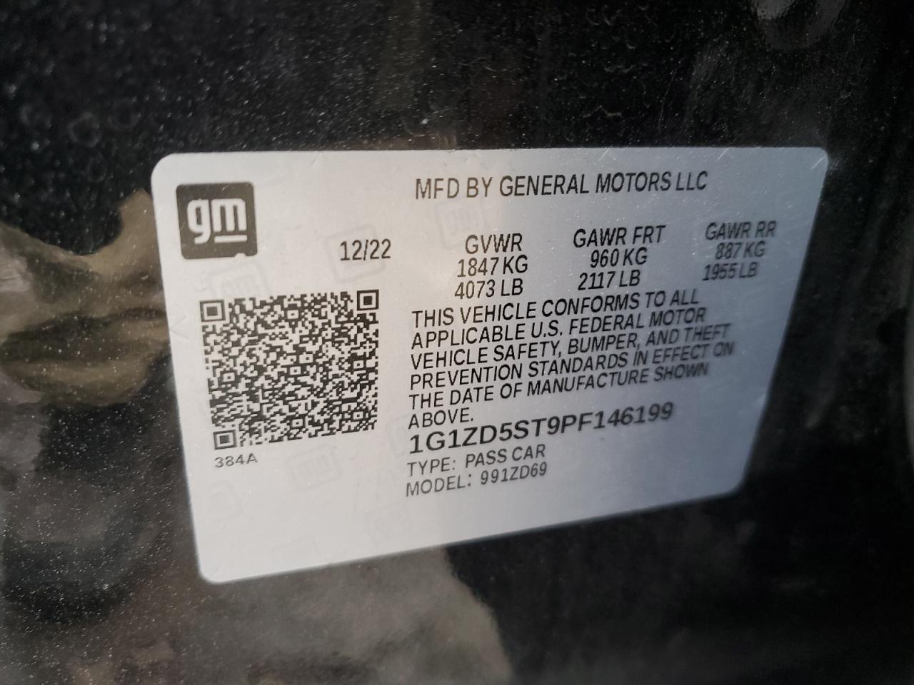 2023 CHEVROLET MALIBU LT VIN:1G1ZD5ST9PF146199