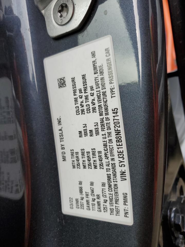 2022 TESLA MODEL 3  VIN:5YJ3E1EB8NF207145