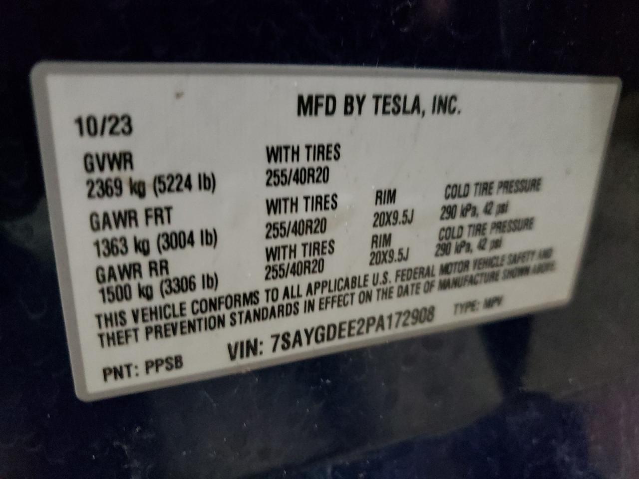 2023 TESLA MODEL Y  VIN:7SAYGDEE2PA172908