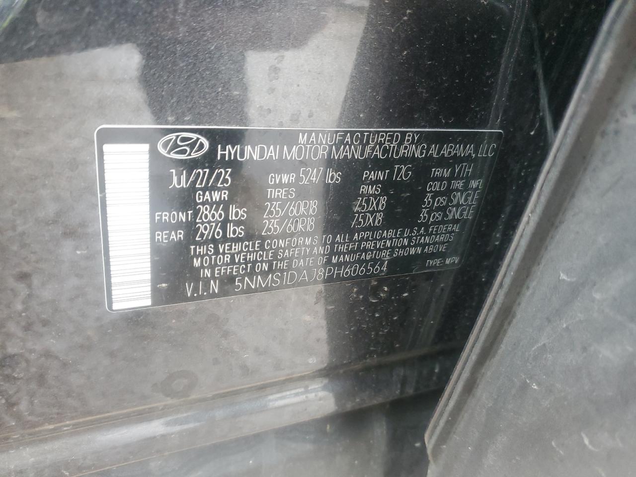 2023 HYUNDAI SANTA FE SE VIN:5NMS1DAJ8PH606564