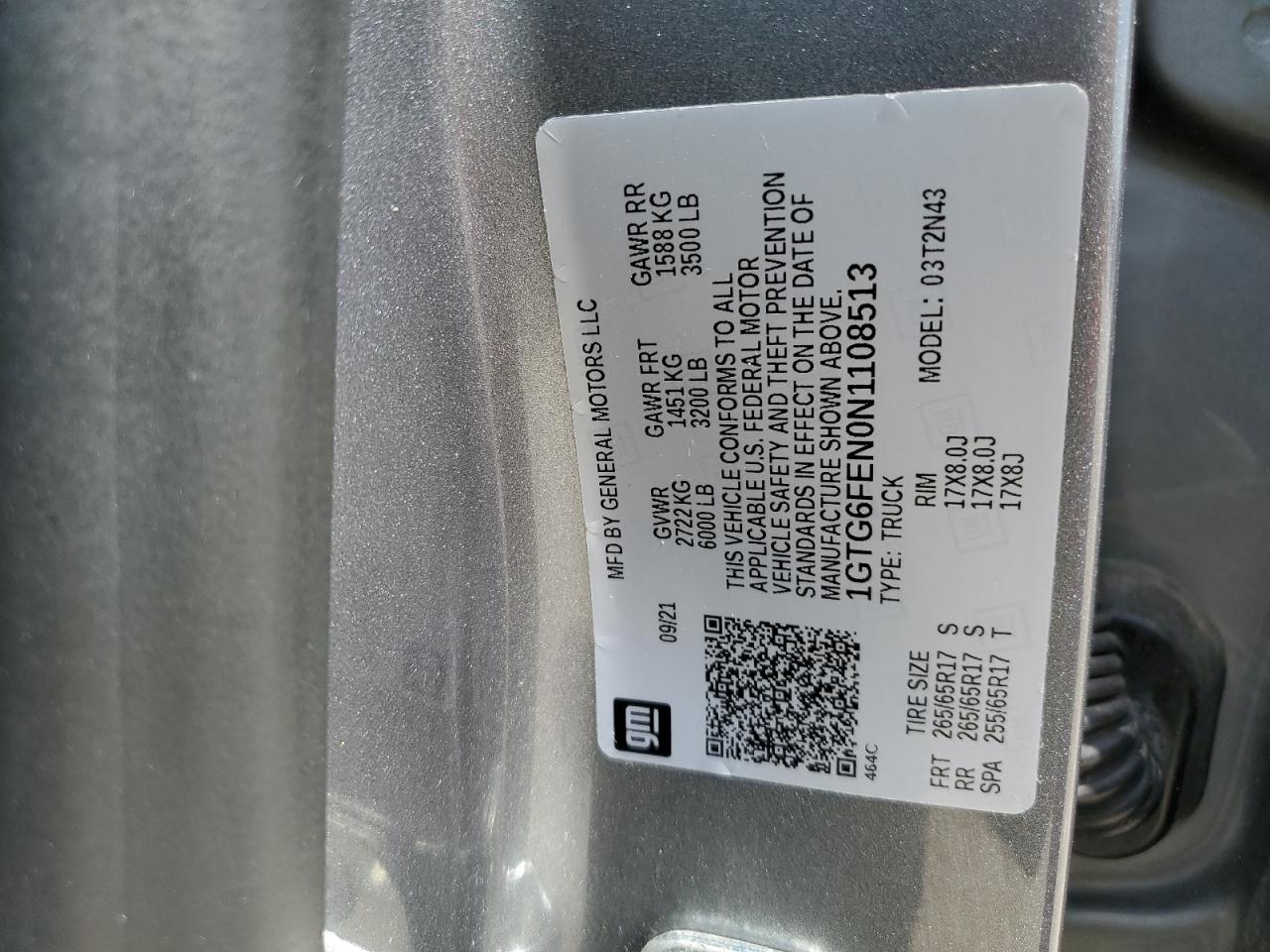 2022 GMC CANYON AT4 VIN:1GTG6FEN0N1108513