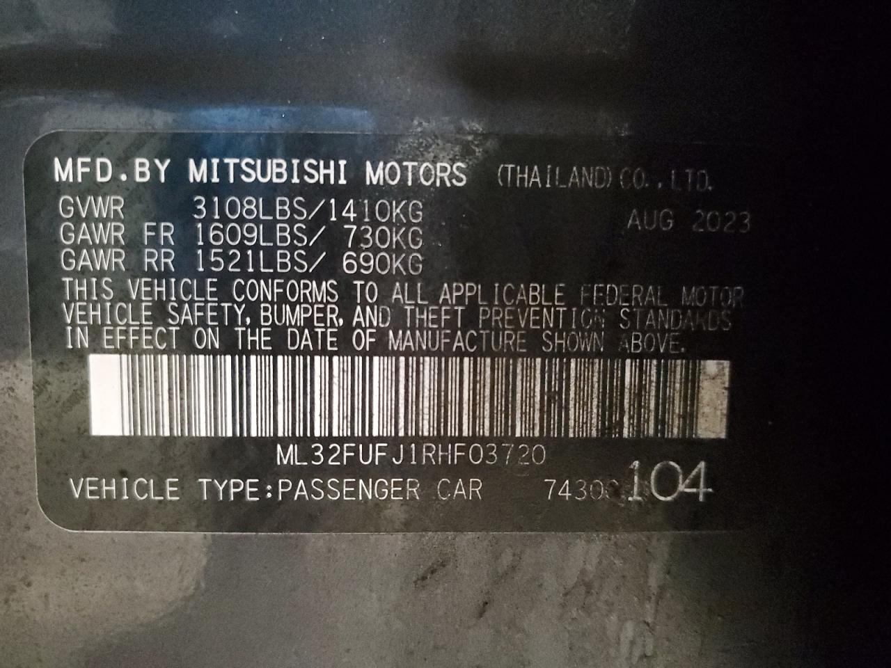 2024 MITSUBISHI MIRAGE G4 ES VIN:ML32FUFJ1RHF03720