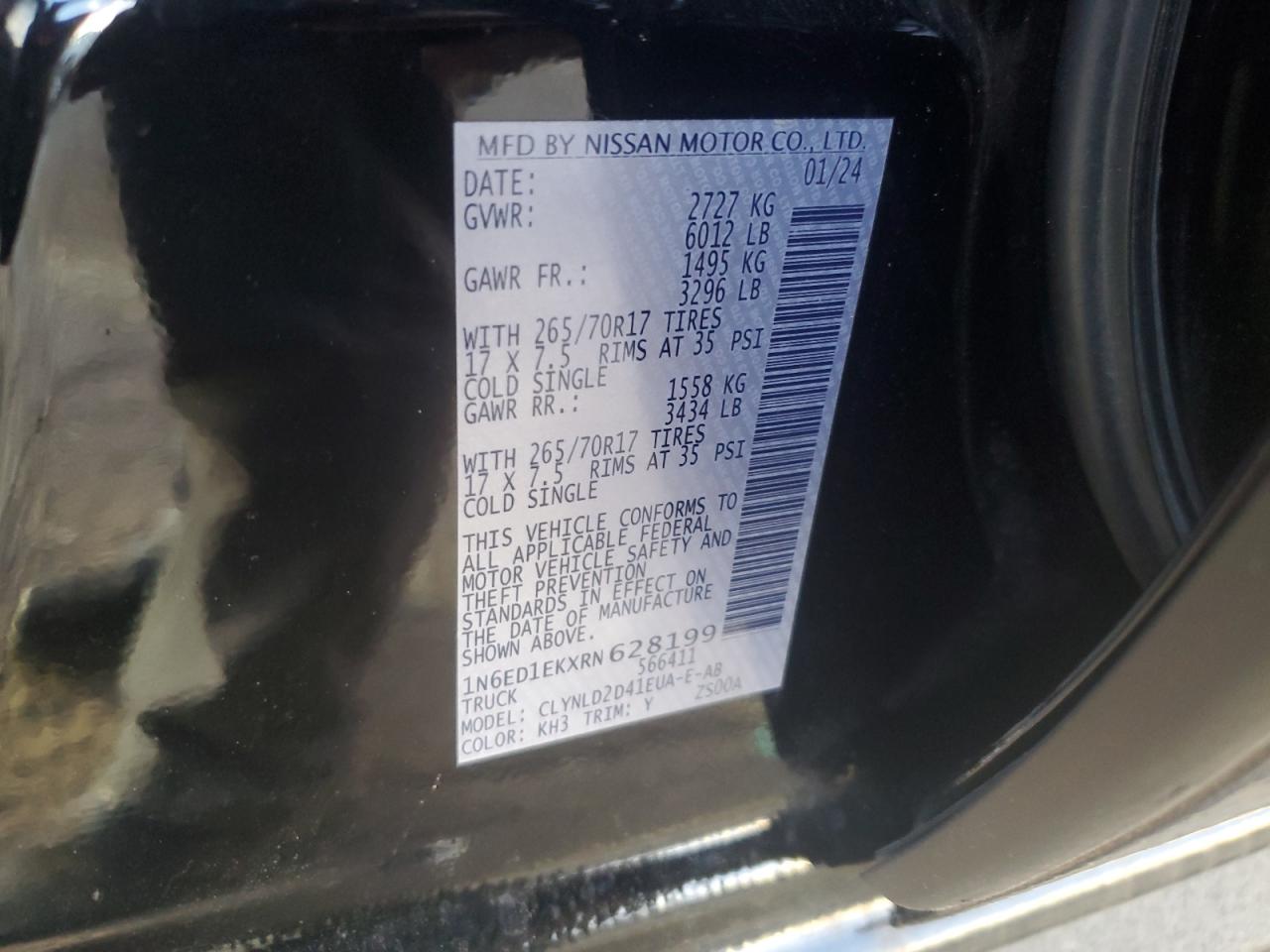 2024 NISSAN FRONTIER S VIN:1N6ED1EKXRN628199