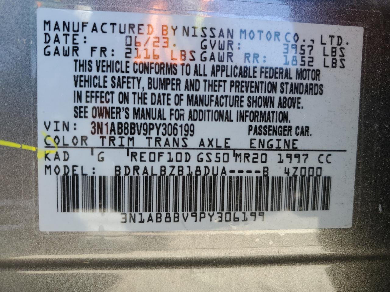 2023 NISSAN SENTRA S VIN:3N1AB8BV9PY306199