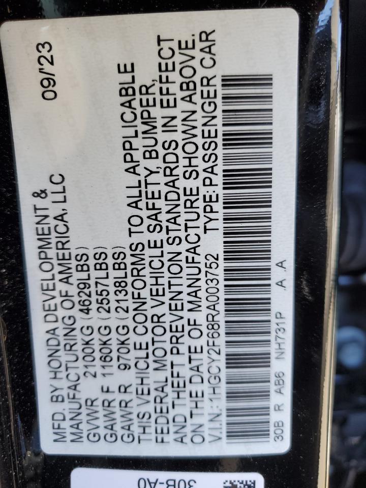 2024 HONDA ACCORD HYBRID EXL VIN:1HGCY2F68RA003752