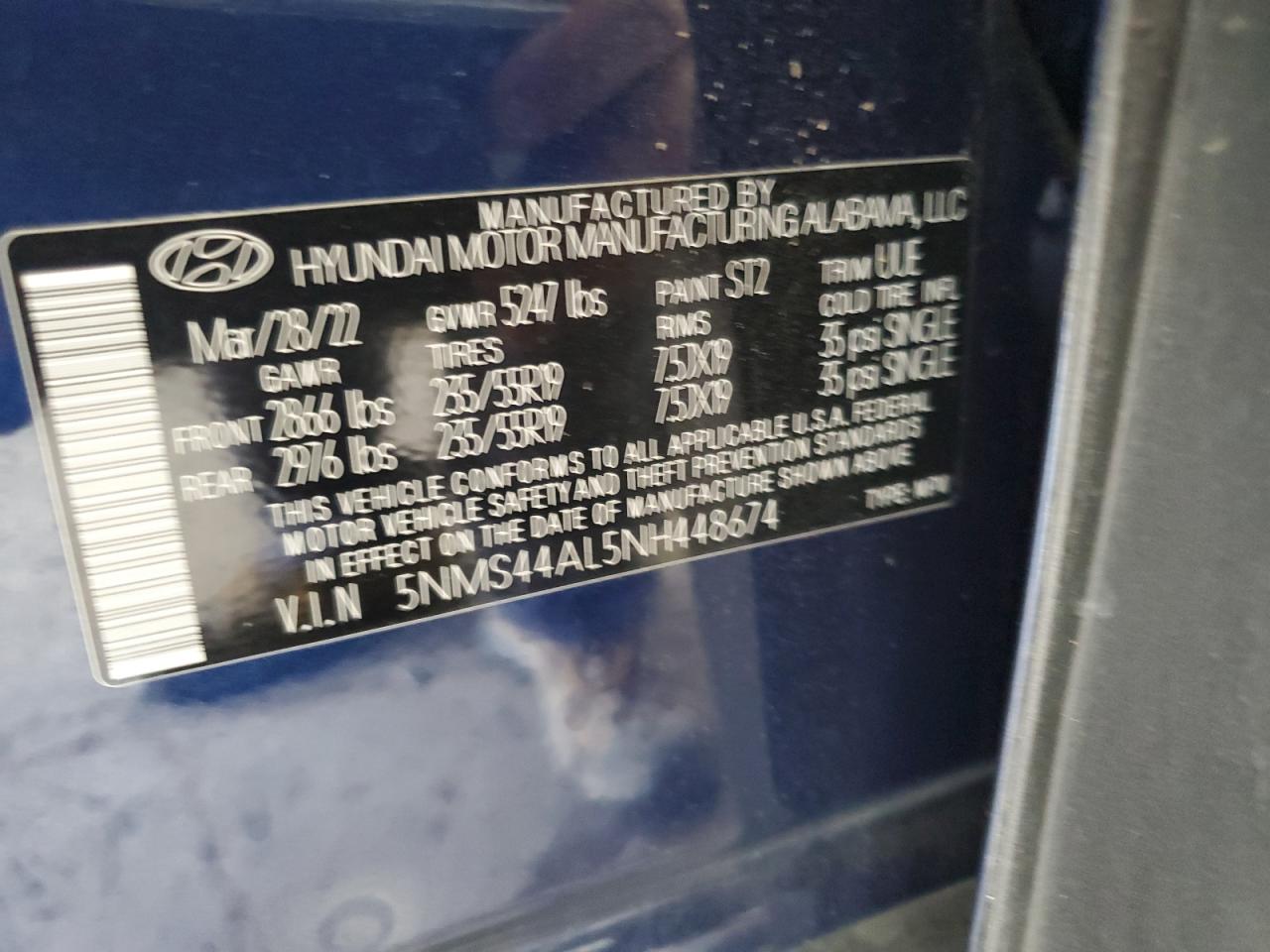 2022 HYUNDAI SANTA FE LIMITED VIN:5NMS44AL5NH448674